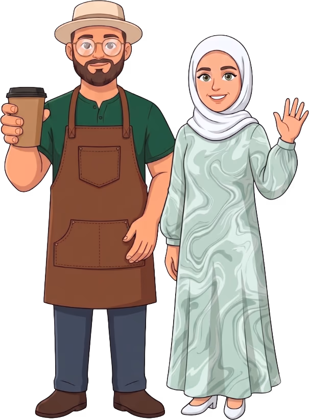 Adam and Najla from Bliss Street Coffee, holding a coffee cup and waving hello